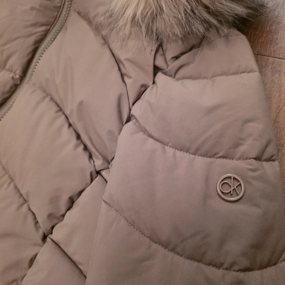 Calvin Klein Women's Tan Puffer Jacket with Faux Fur Hood - Picture 2 of 5